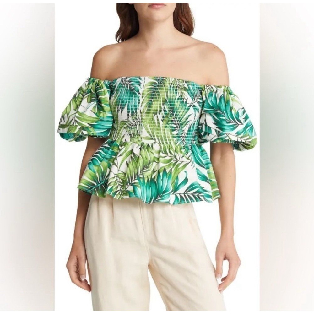 NWT Autumn Adeigbo Marine Top Green Palm Women's Size 4 Puff Sleeves MSRP $540